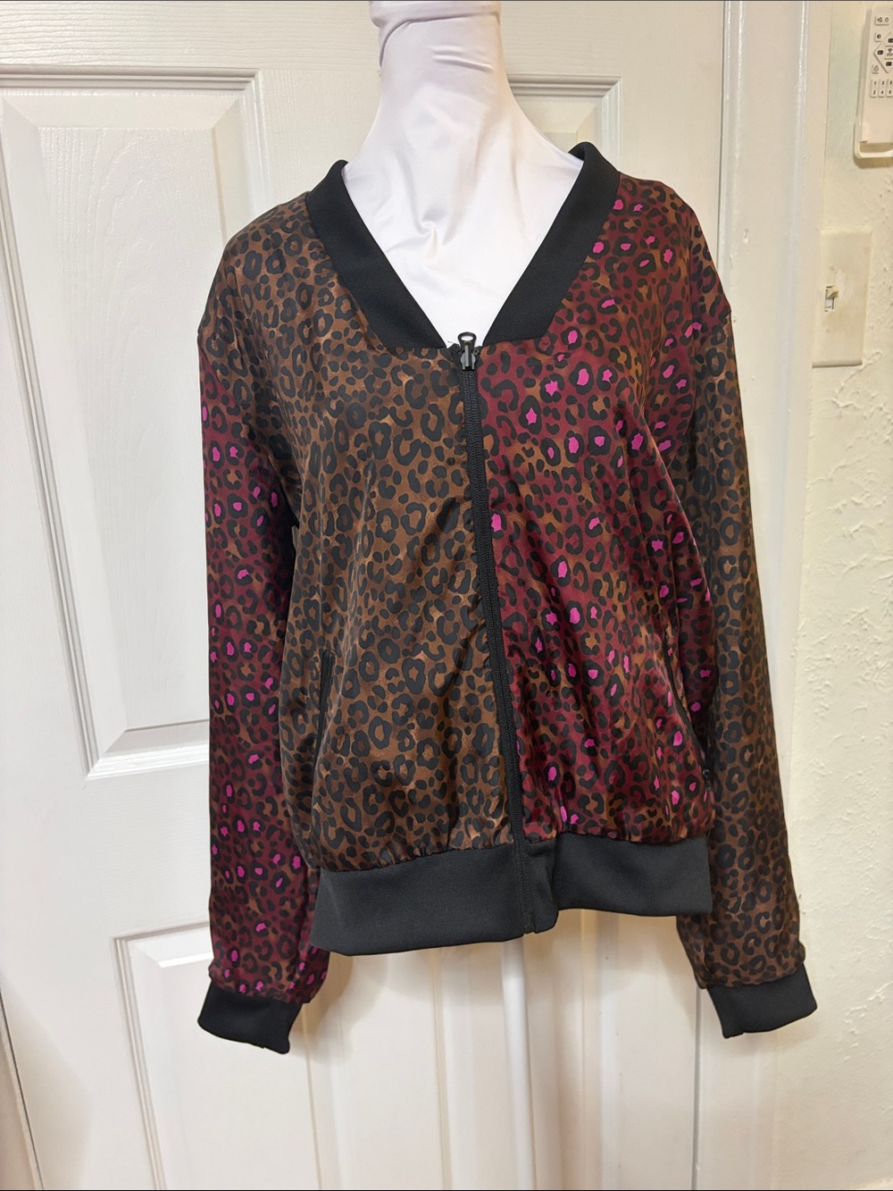 Leopard Print Bomber Jacket in Brown and Pink / sports